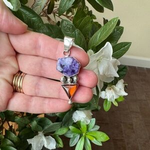 Vintage Navajo Artisan Thomas Francisco Sterling Silver Charoite Amber Pendant.